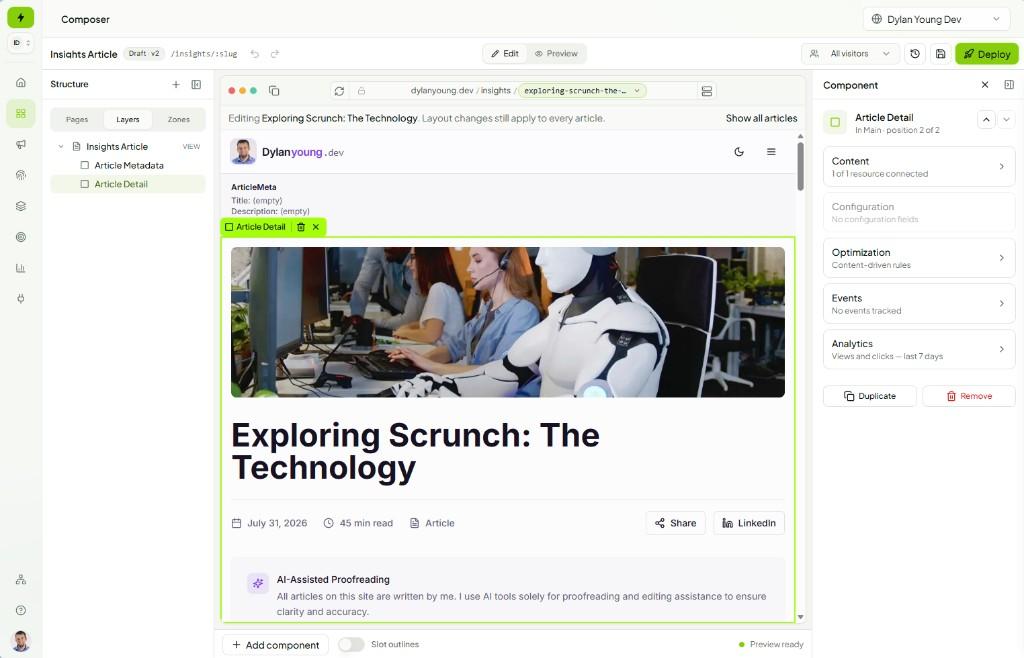 Composer visual builder with page structure, live preview, and component settings in one view